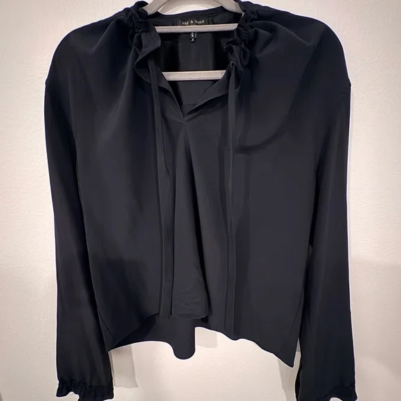 rag & bone Bennett 💯 silk Black Ruffled V-Neck Blouse M - Picture 4 of 9
